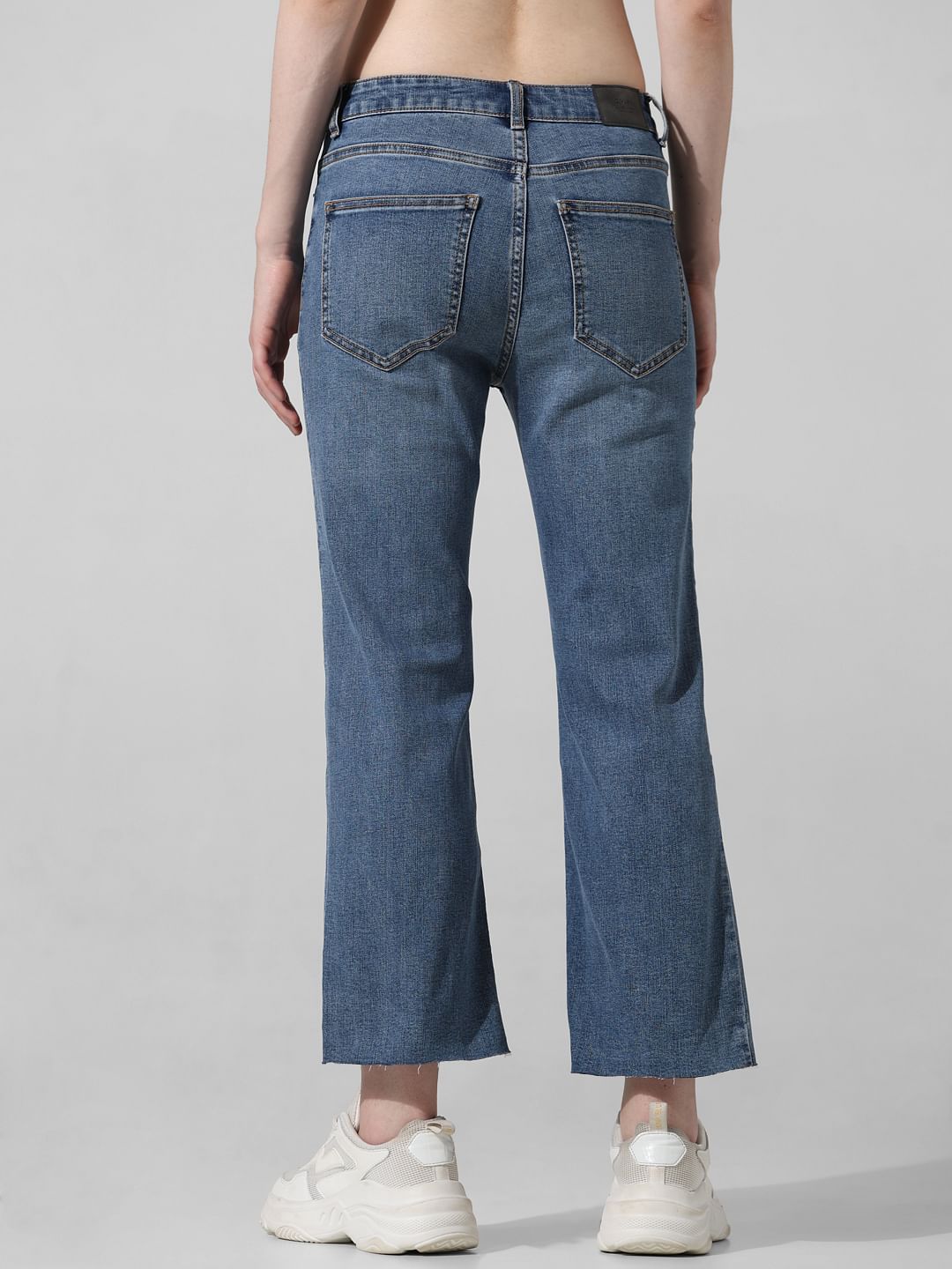 Blue Mid Rise Cropped Flared Jeans