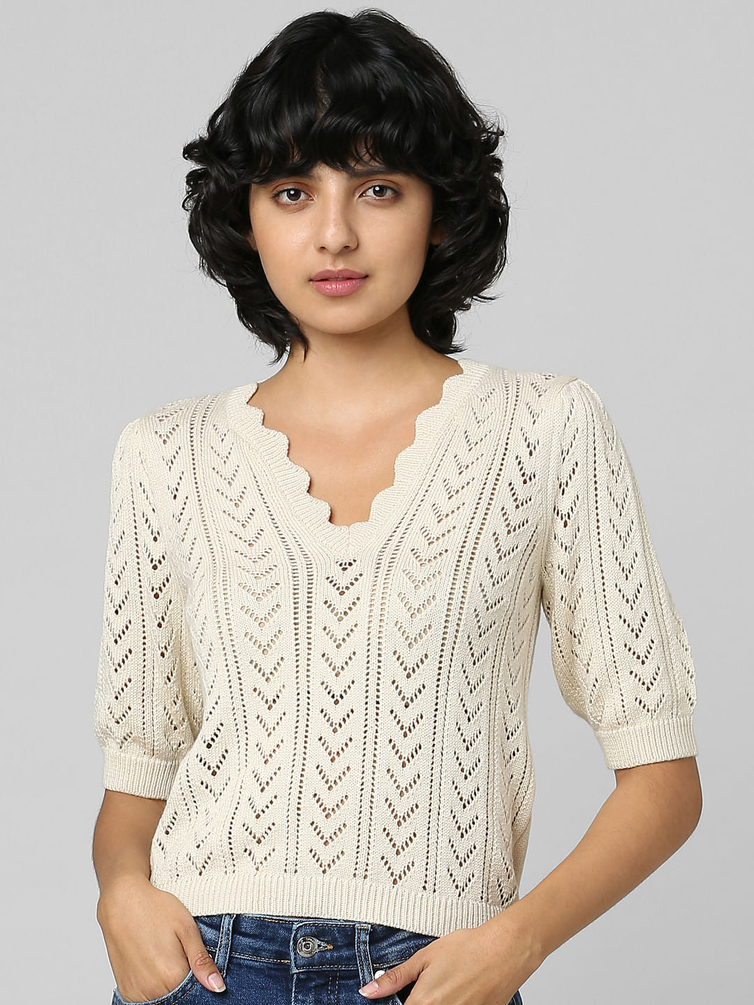 Beige Structured Knit Pullover