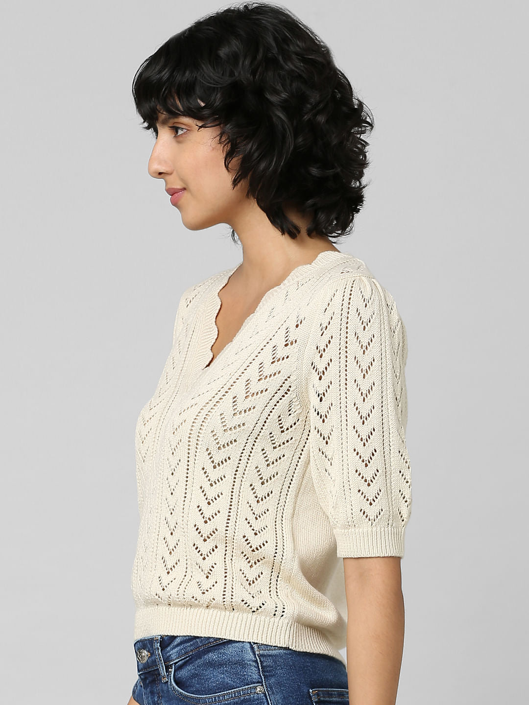 Beige Structured Knit Pullover