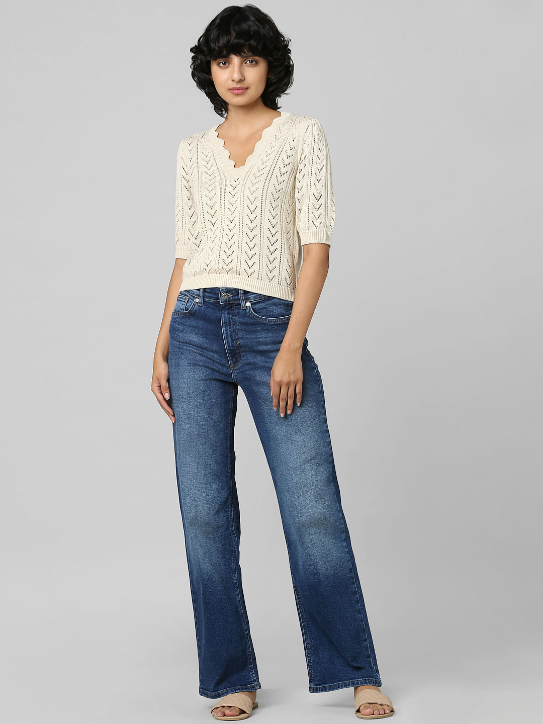 Beige Structured Knit Pullover