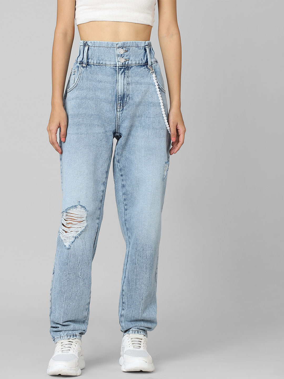 Light Blue High Rise Distressed Carrot Fit Jeans