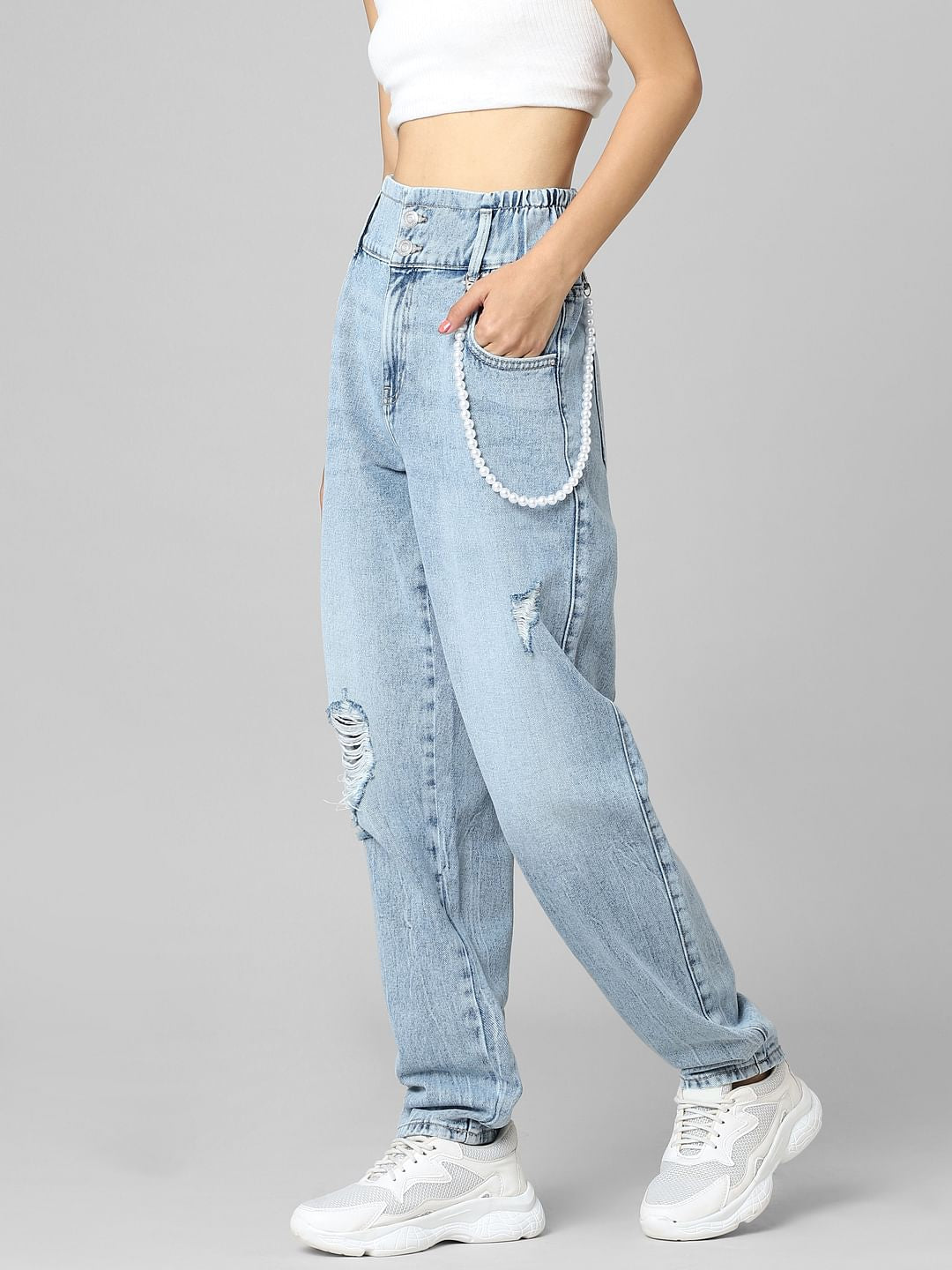 Light Blue High Rise Distressed Carrot Fit Jeans
