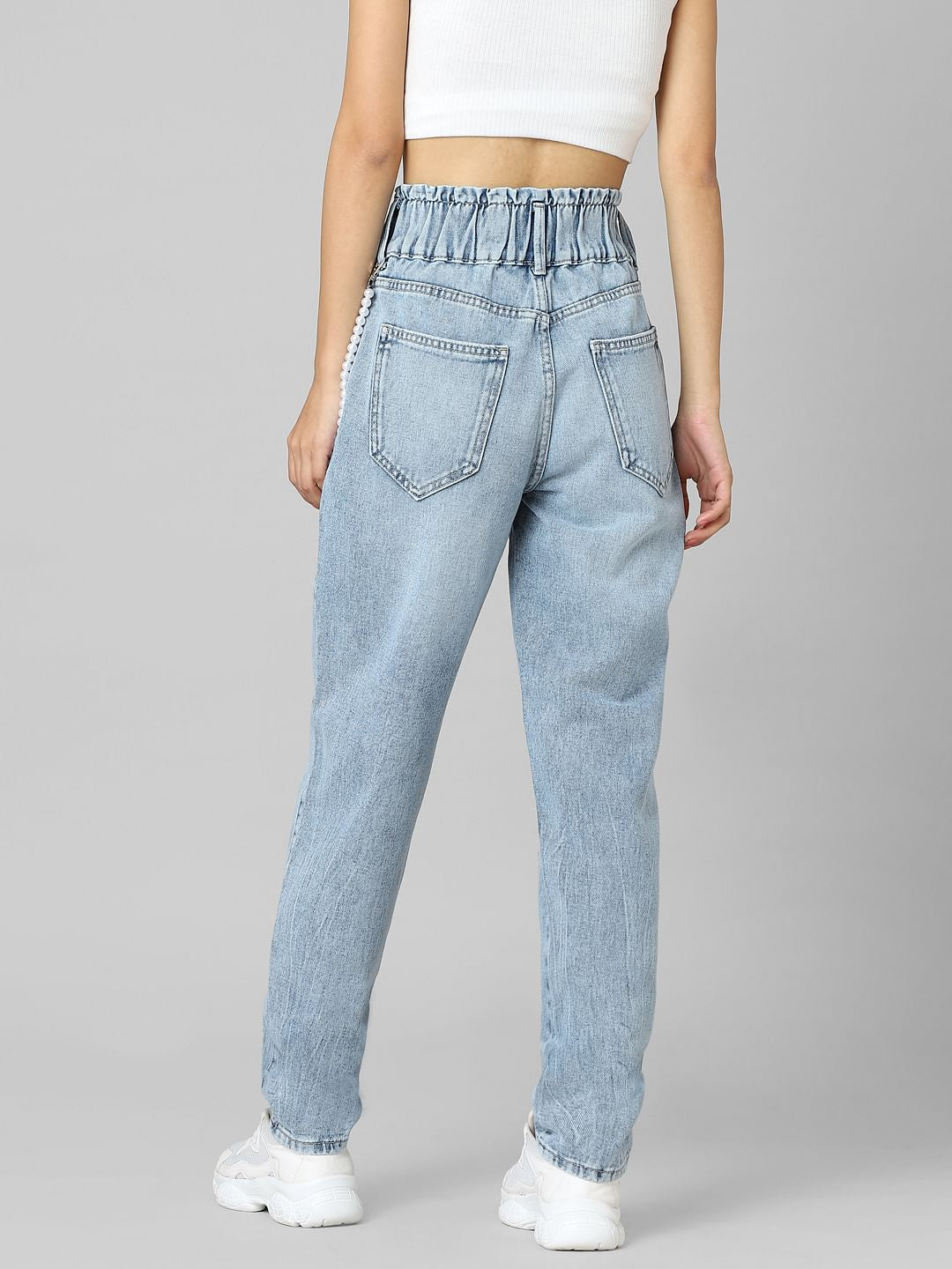 Light Blue High Rise Distressed Carrot Fit Jeans