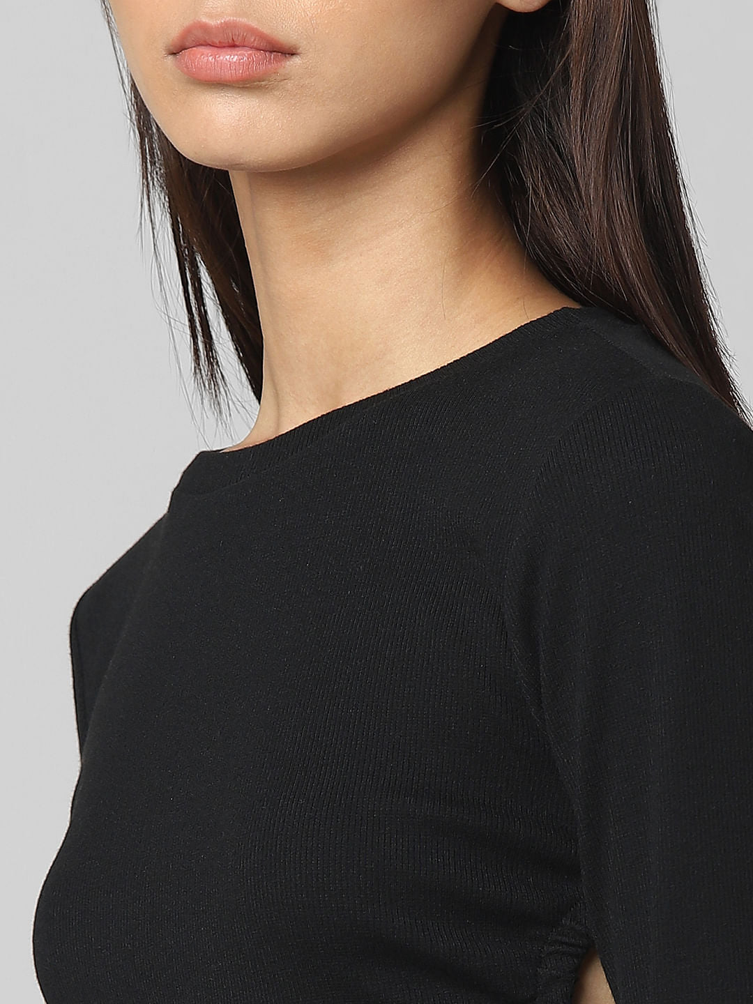 Black Ribbed Cut-Out T-Shirt