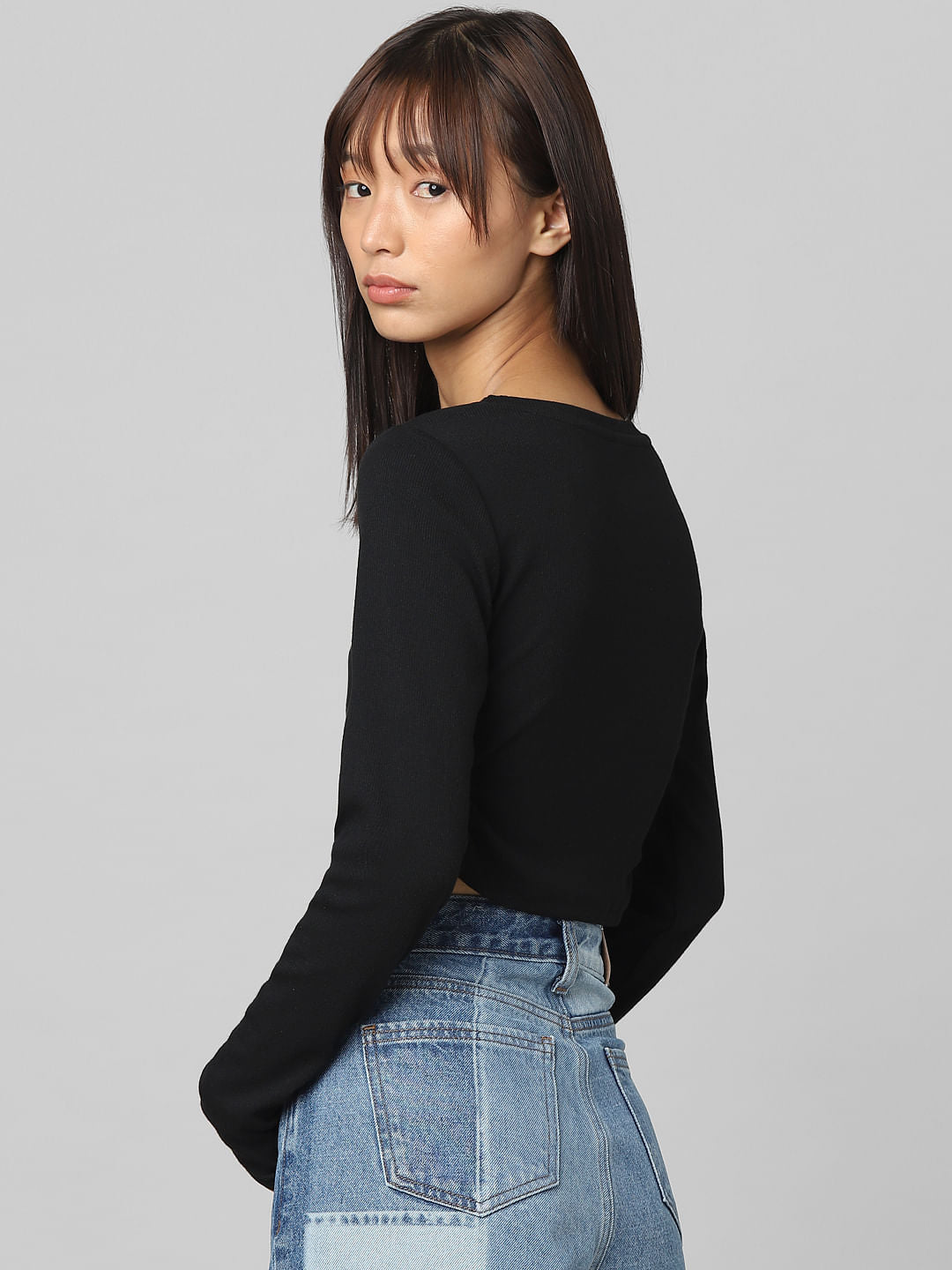 Black Ribbed Cut-Out T-Shirt