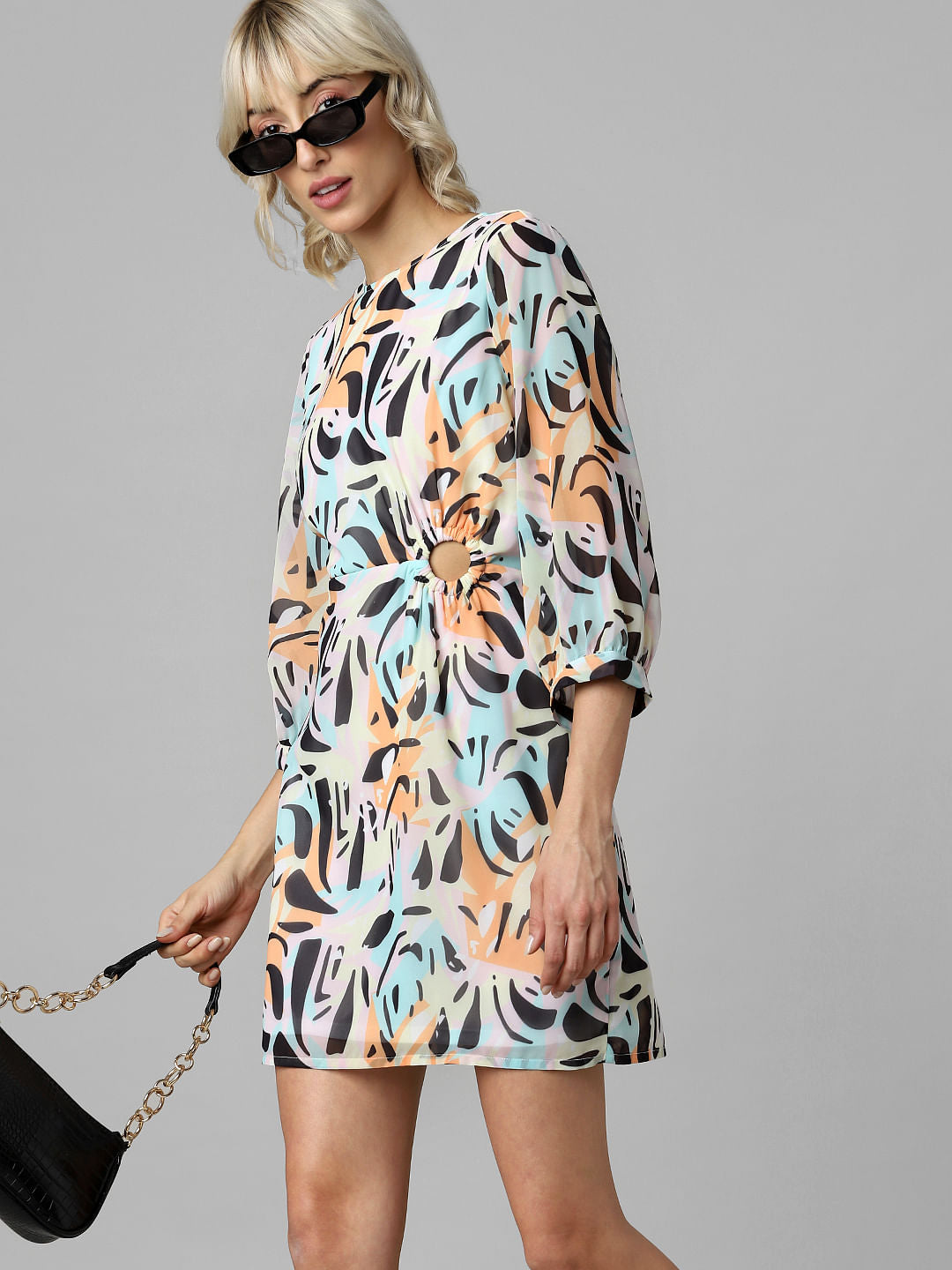 Pink Abstract Print Cut-Out Dress