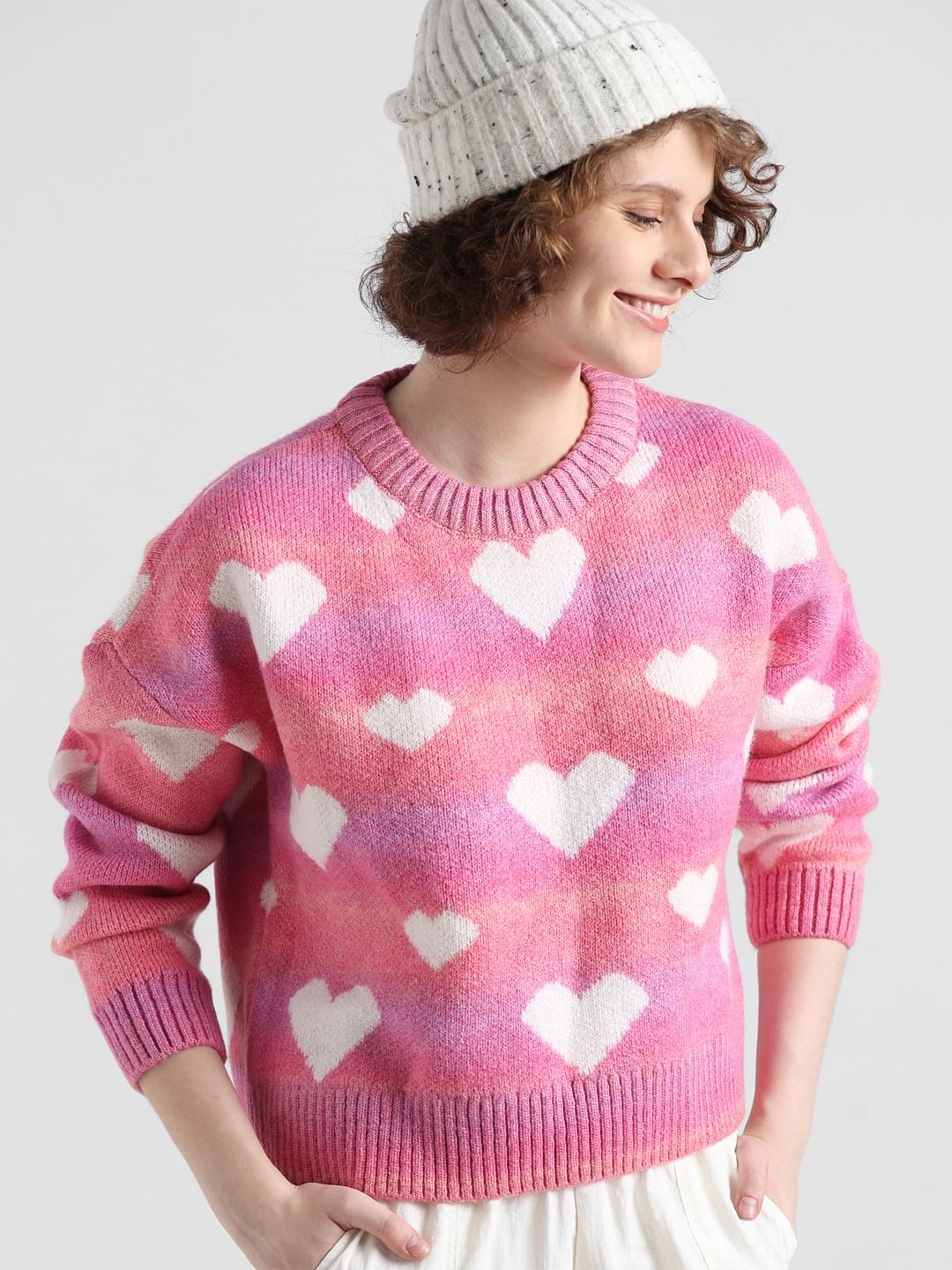 Pink Heart Printed Jacquard Pullover