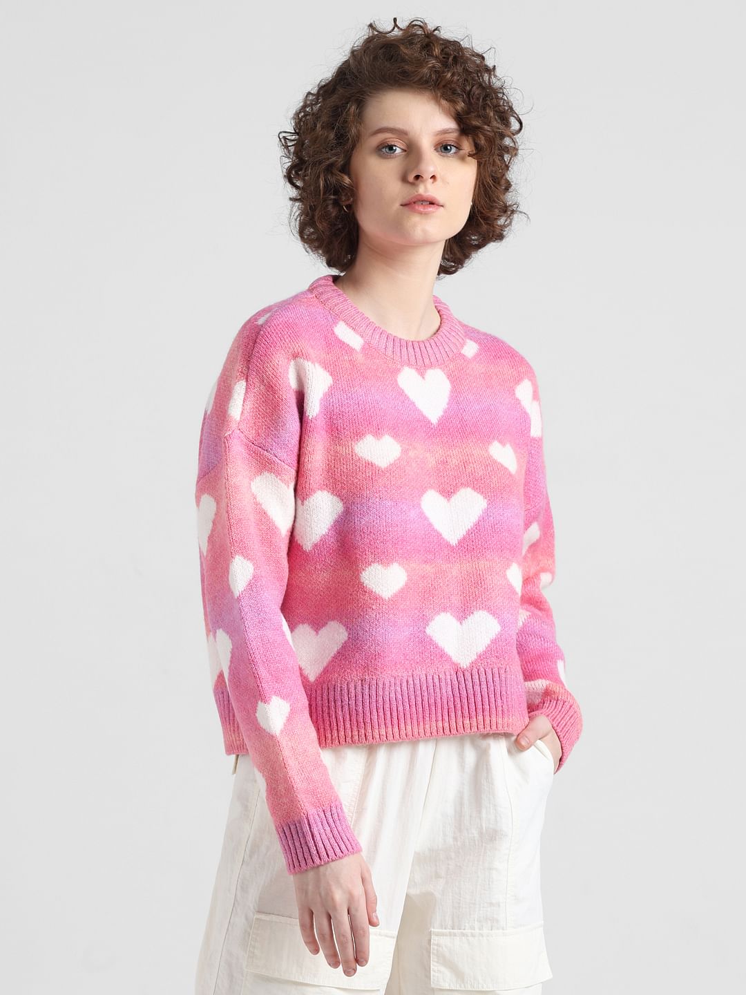 Pink Heart Printed Jacquard Pullover
