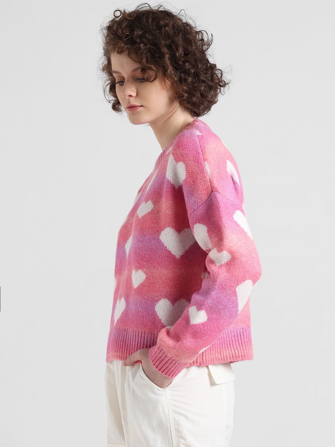 Pink Heart Printed Jacquard Pullover