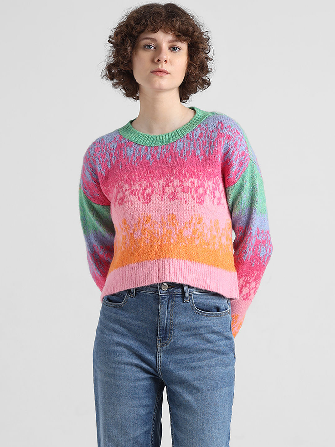 Pink Colourblocked Jacquard Knit Pullover