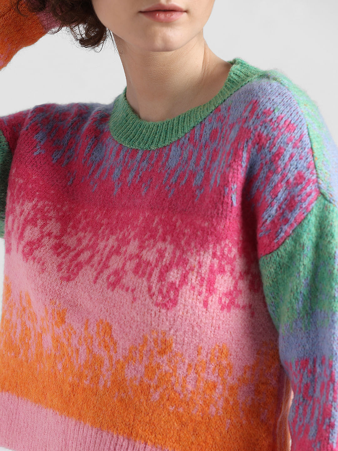 Pink Colourblocked Jacquard Knit Pullover