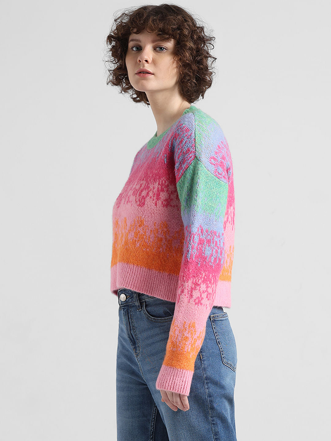Pink Colourblocked Jacquard Knit Pullover