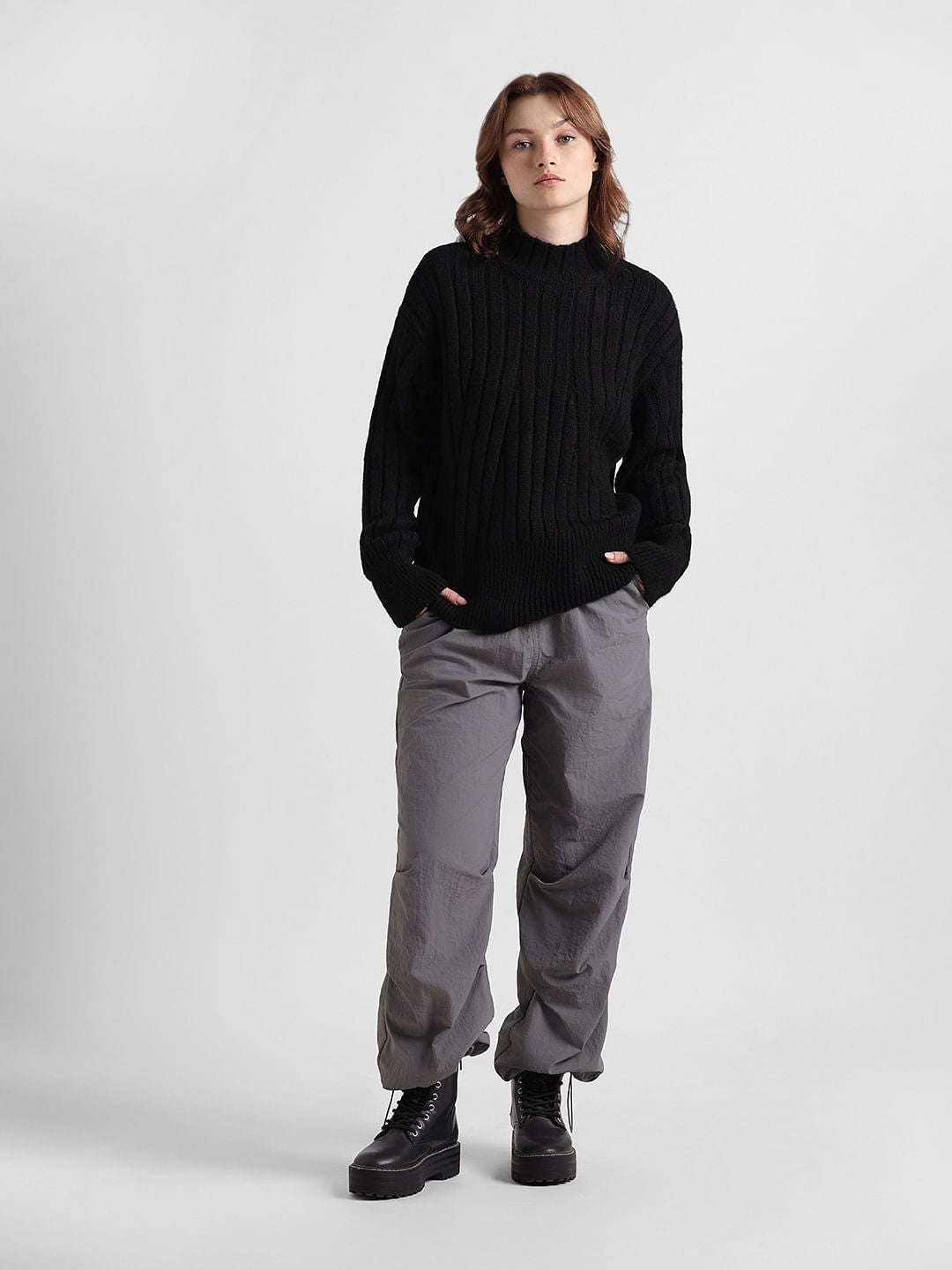 Black Cable Knit High-Neck Pullover