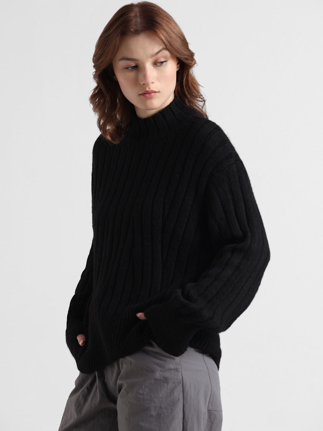 Black Cable Knit High-Neck Pullover