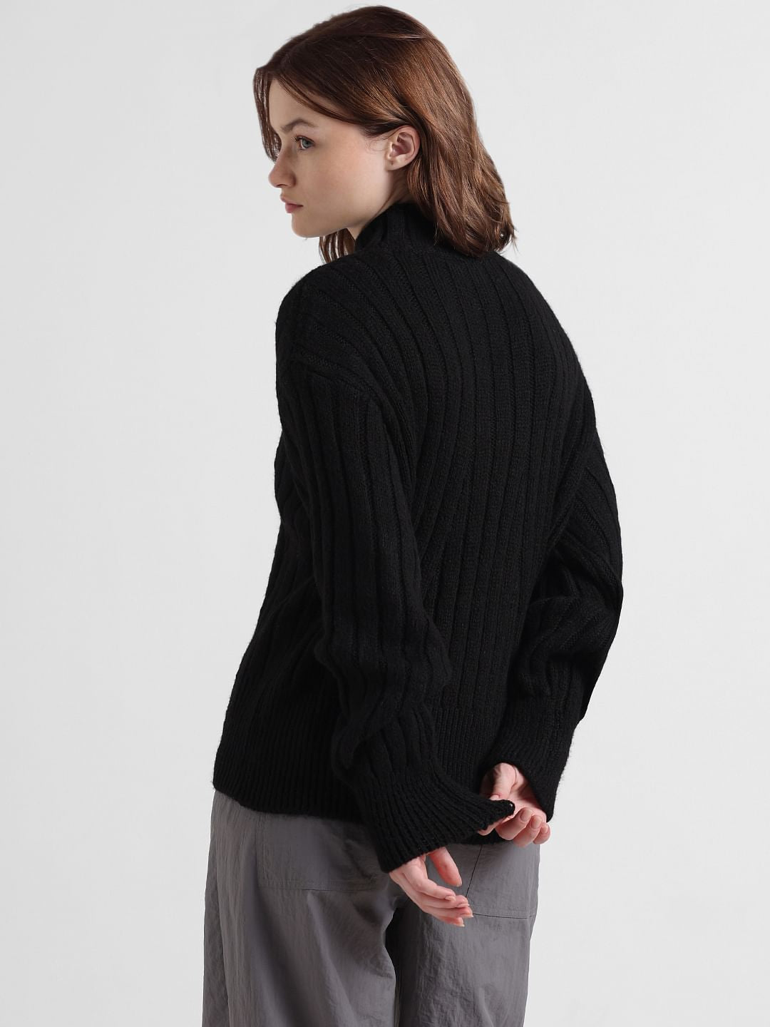 Black Cable Knit High-Neck Pullover