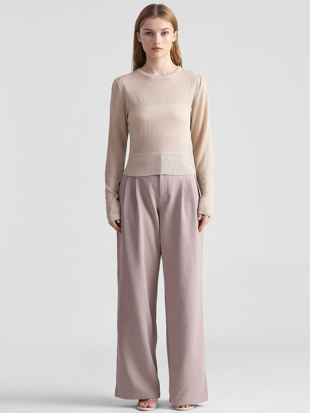 Beige Shimmer Structured Knit Pullover