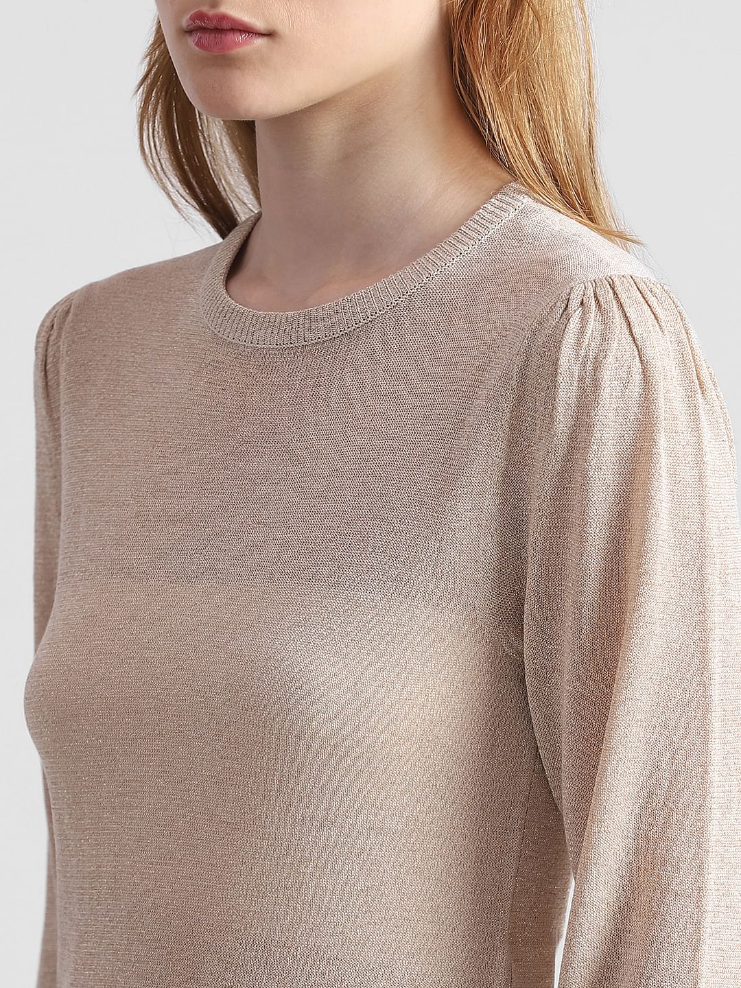 Beige Shimmer Structured Knit Pullover