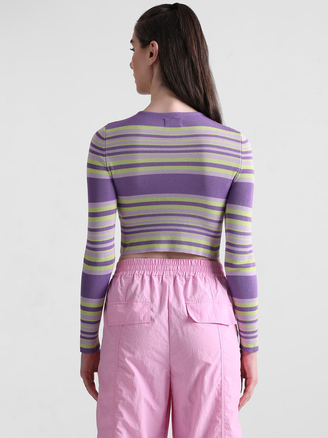 Purple Striped Cropped Pullover