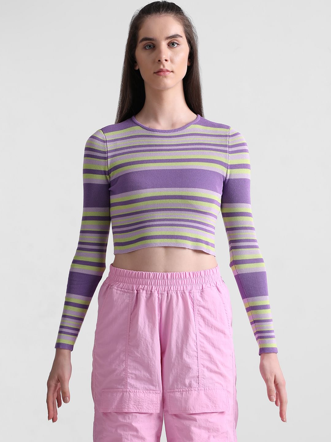 Purple Striped Cropped Pullover