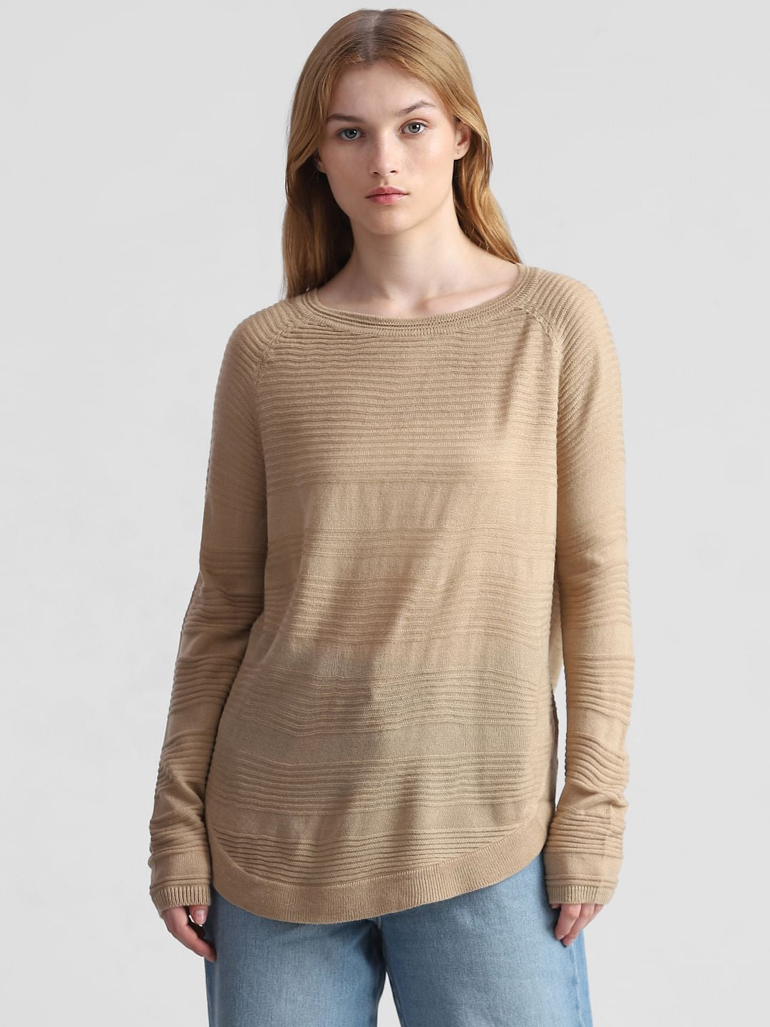 Beige Structured Knitted Pullover