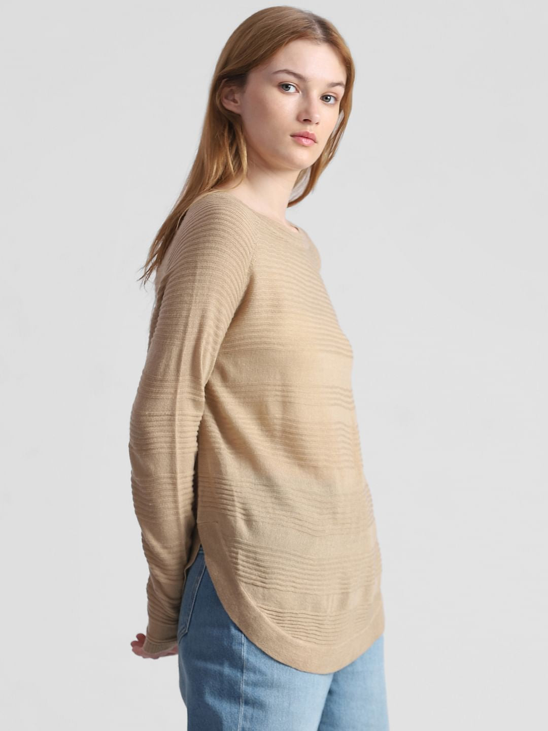 Beige Structured Knitted Pullover