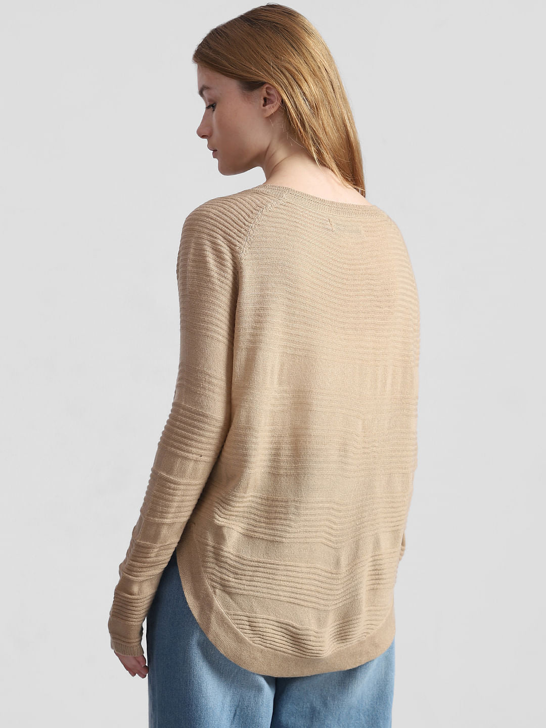 Beige Structured Knitted Pullover