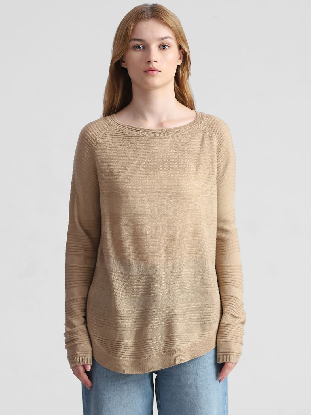 Beige Structured Knitted Pullover