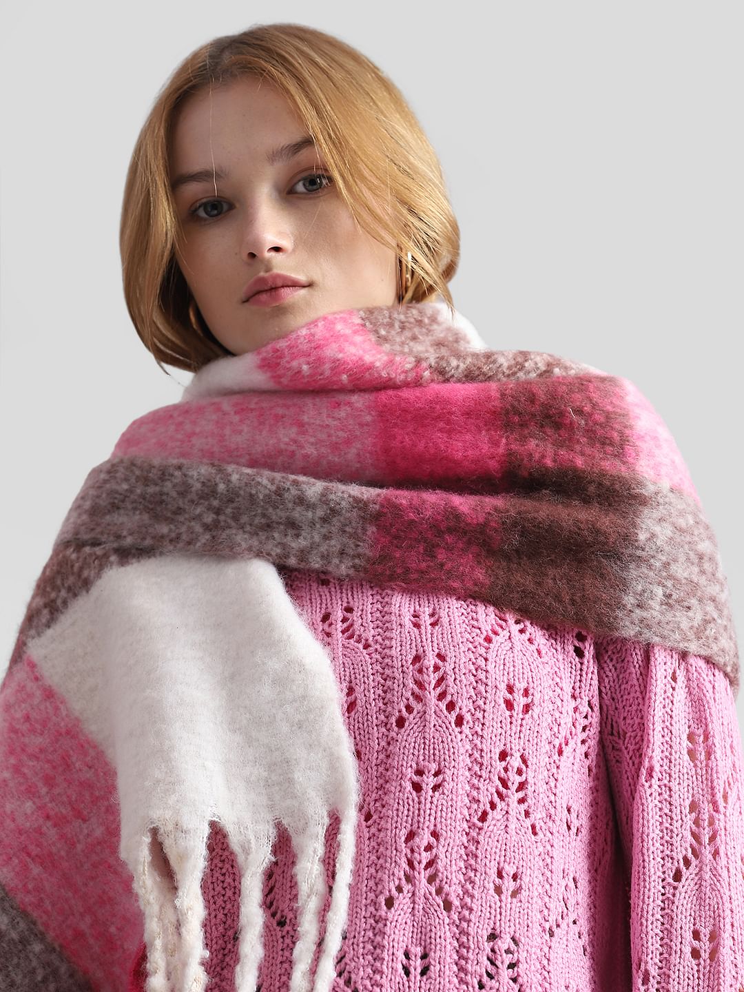 Fuchsia Check Brushed Scarf