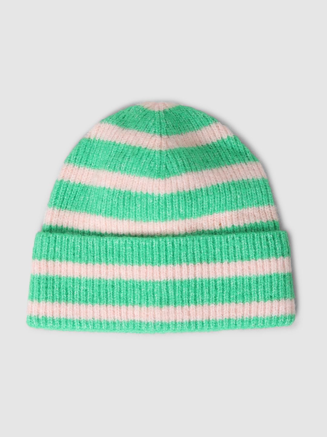 Green Striped Rib-Knit Beanie