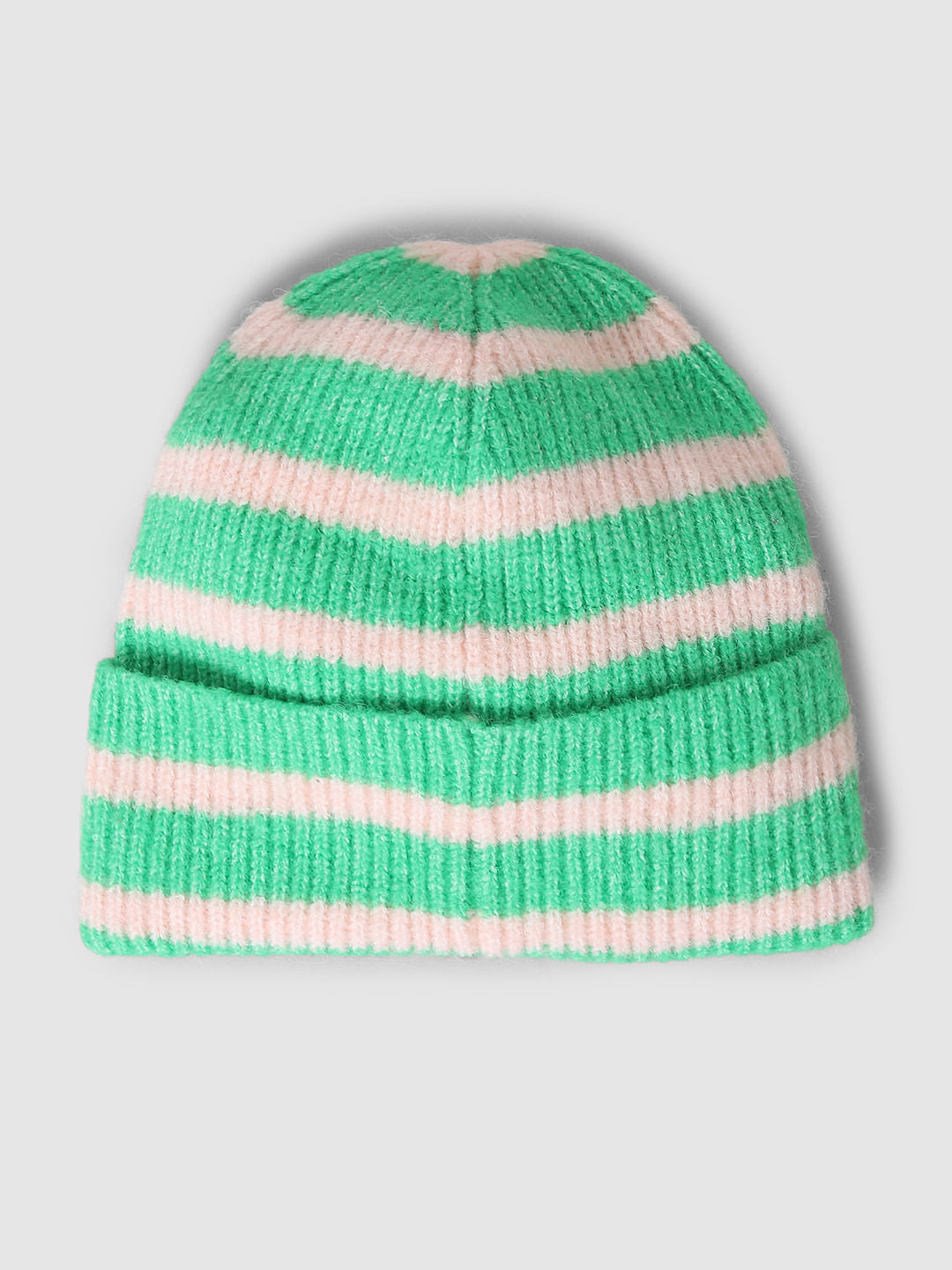 Green Striped Rib-Knit Beanie