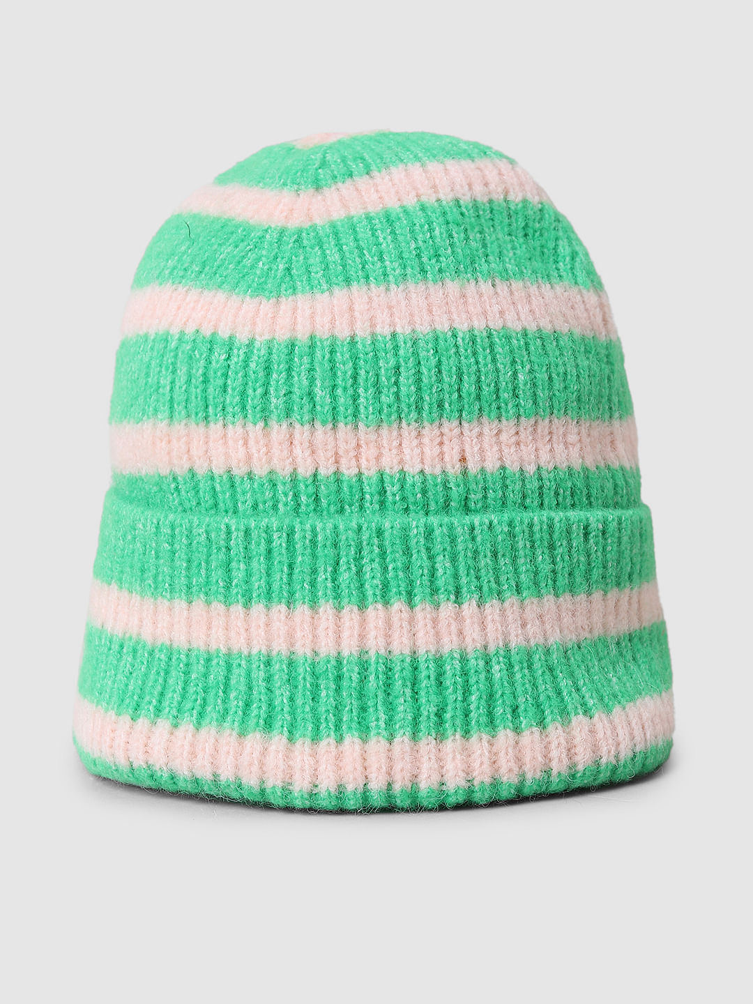 Green Striped Rib-Knit Beanie
