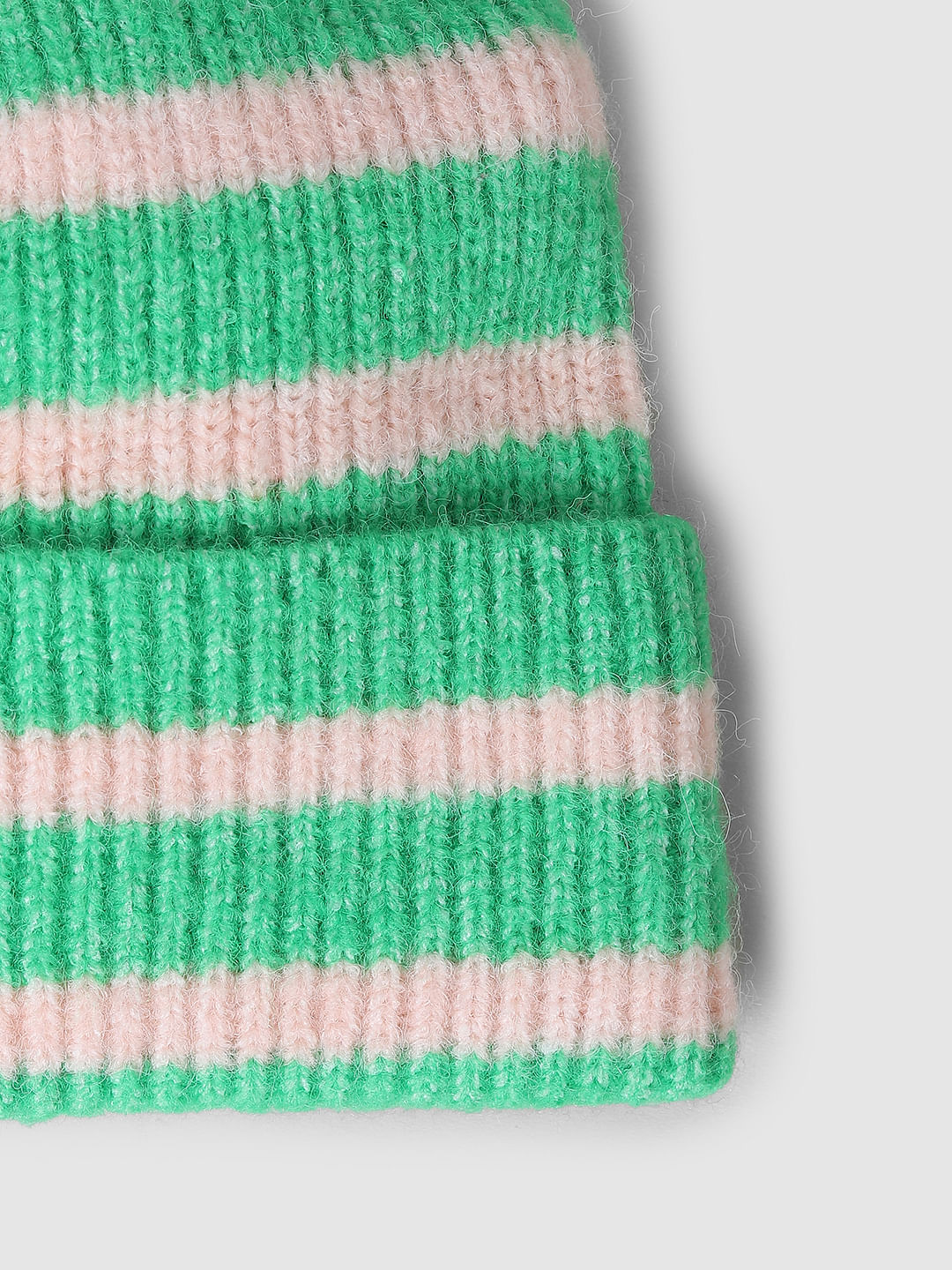 Green Striped Rib-Knit Beanie