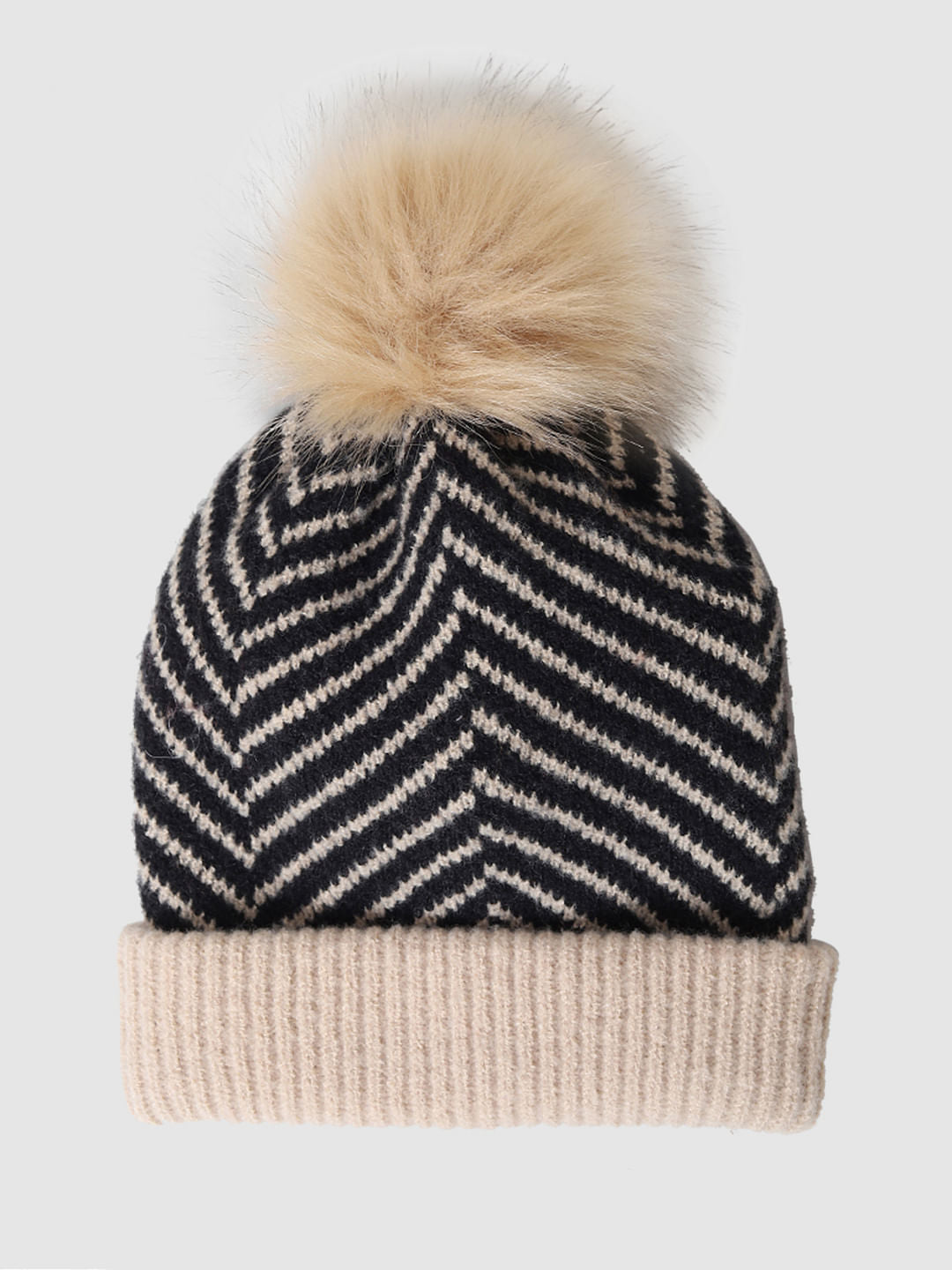 Cream Printed Rib-Knit Beanie