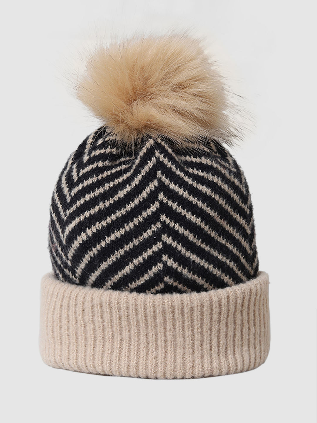 Cream Printed Rib-Knit Beanie