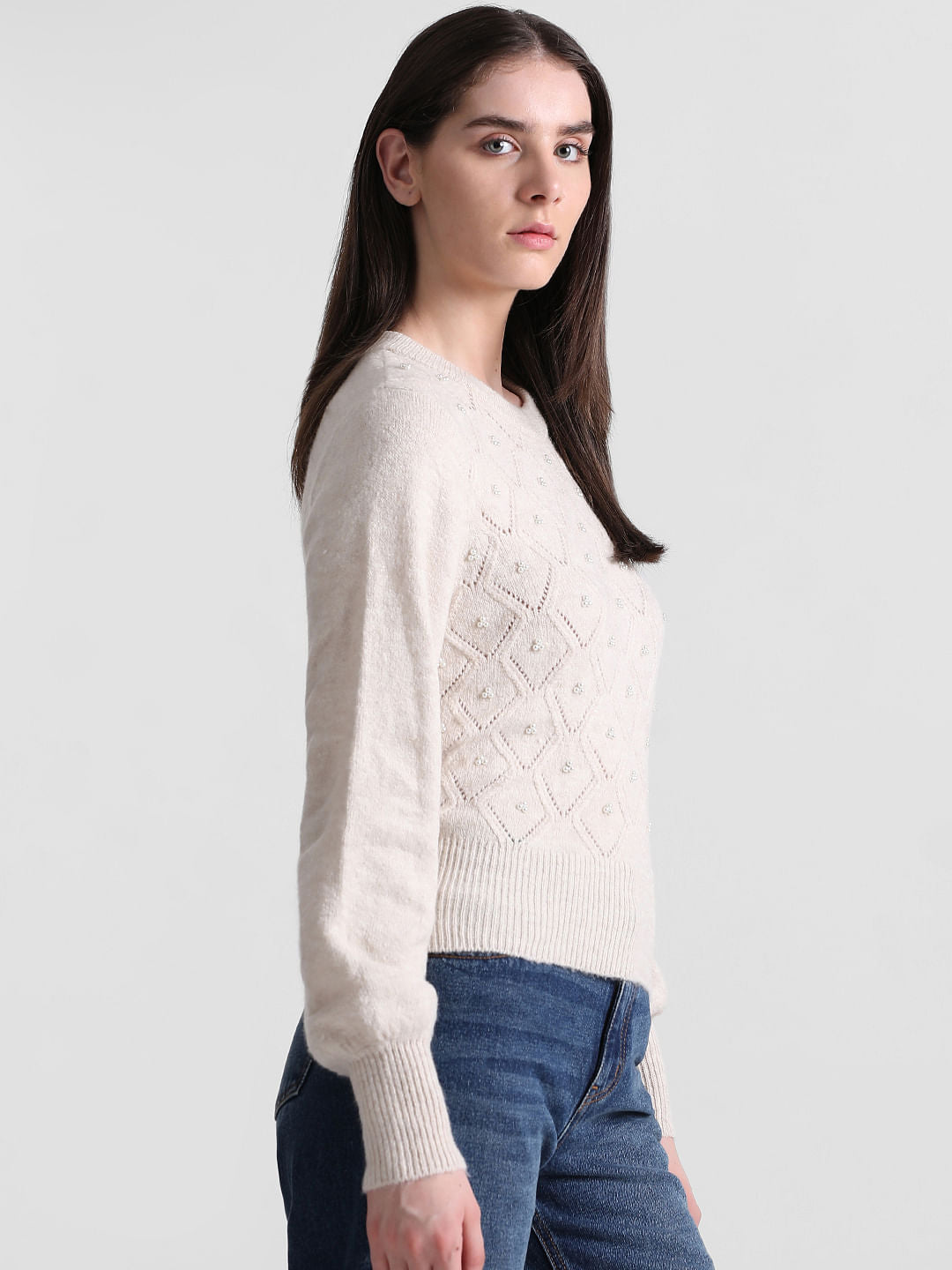 Beige Pearl Embellished Pullover