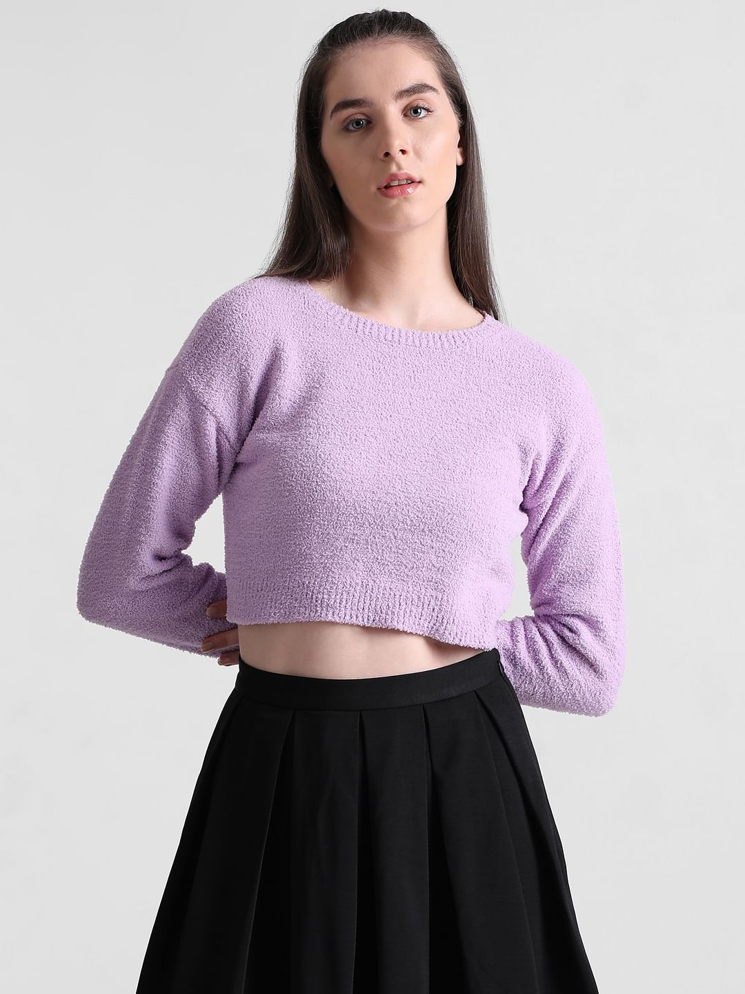 Purple Fluffy Knit Cropped Pullover