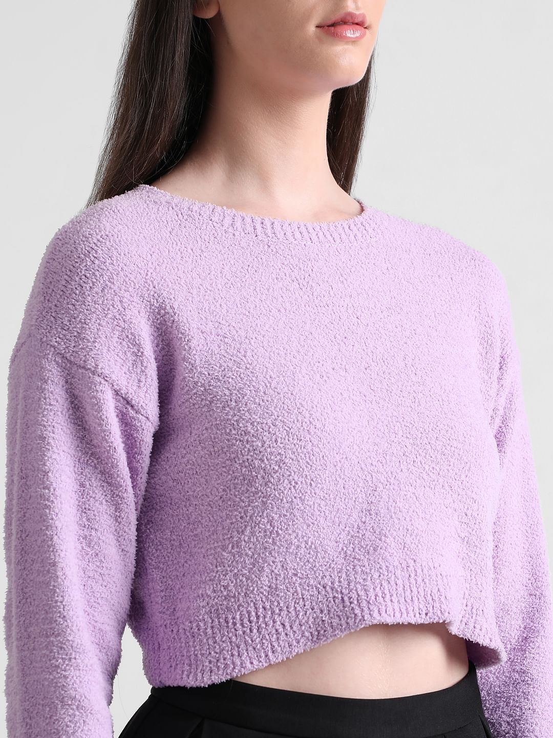 Purple Fluffy Knit Cropped Pullover