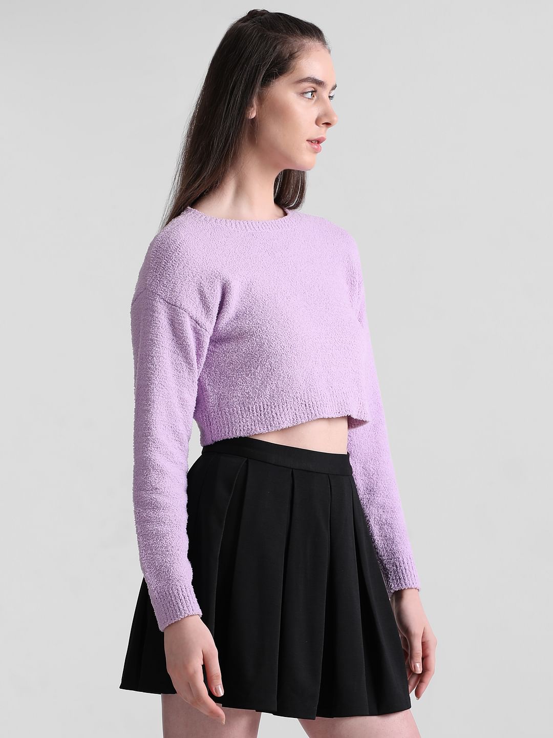 Purple Fluffy Knit Cropped Pullover