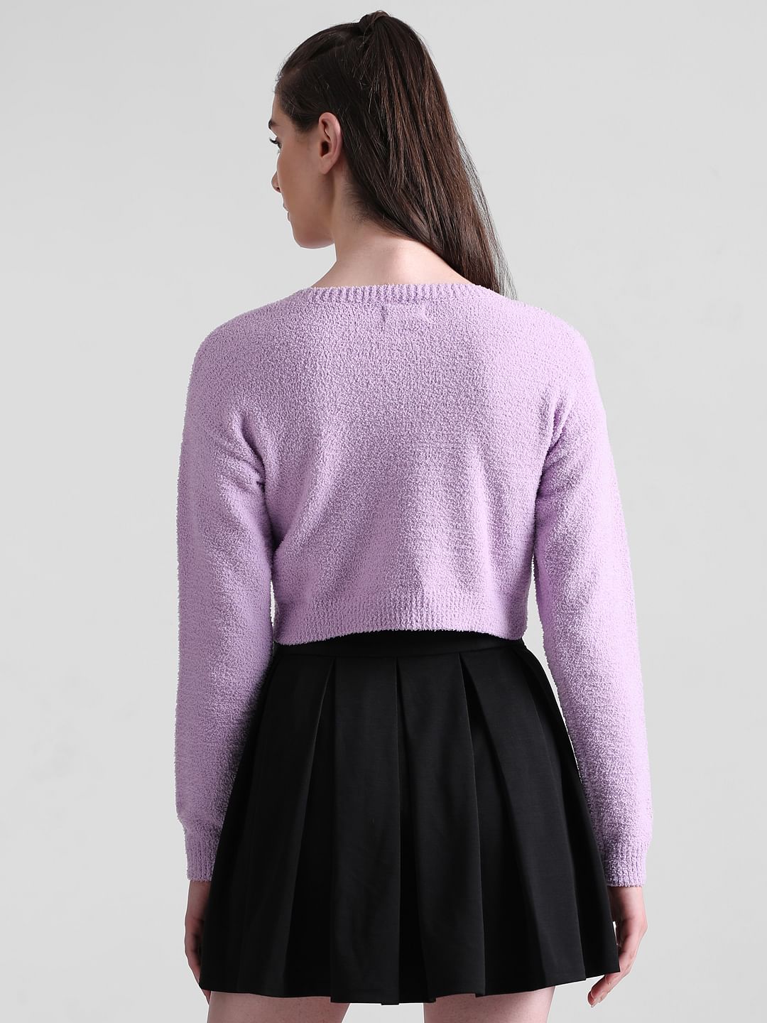 Purple Fluffy Knit Cropped Pullover