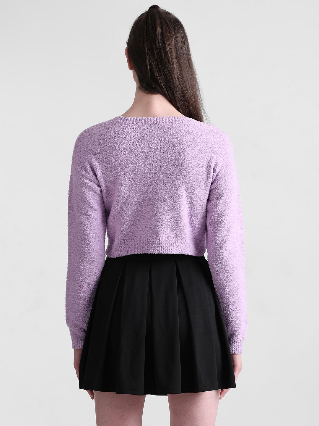 Purple Fluffy Knit Cropped Pullover