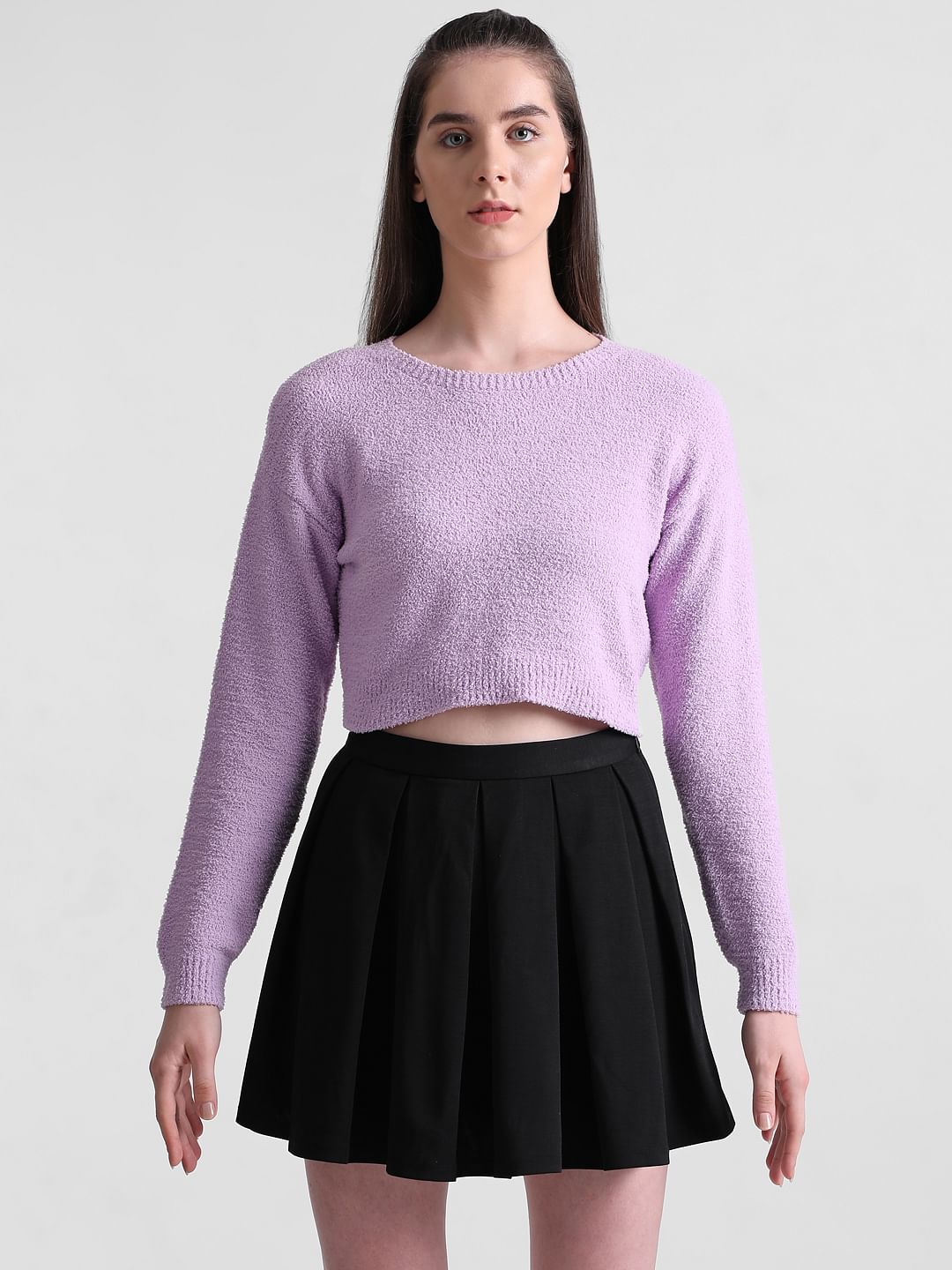 Purple Fluffy Knit Cropped Pullover