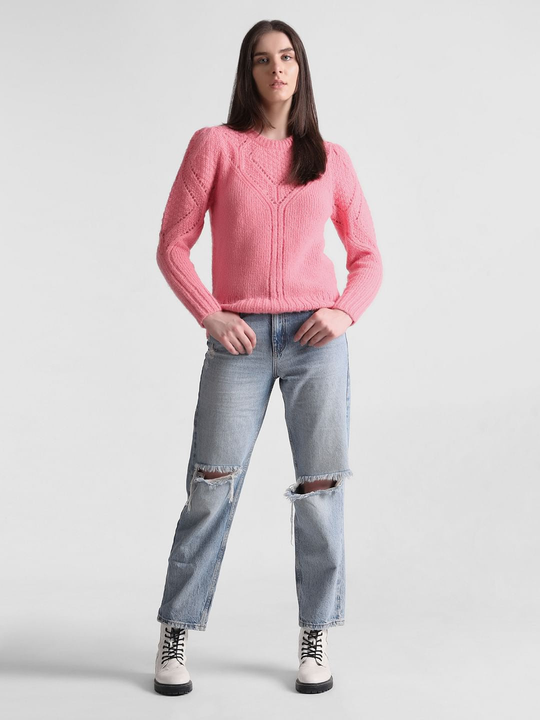 Pink Rib-Knit Pointelle Pullover