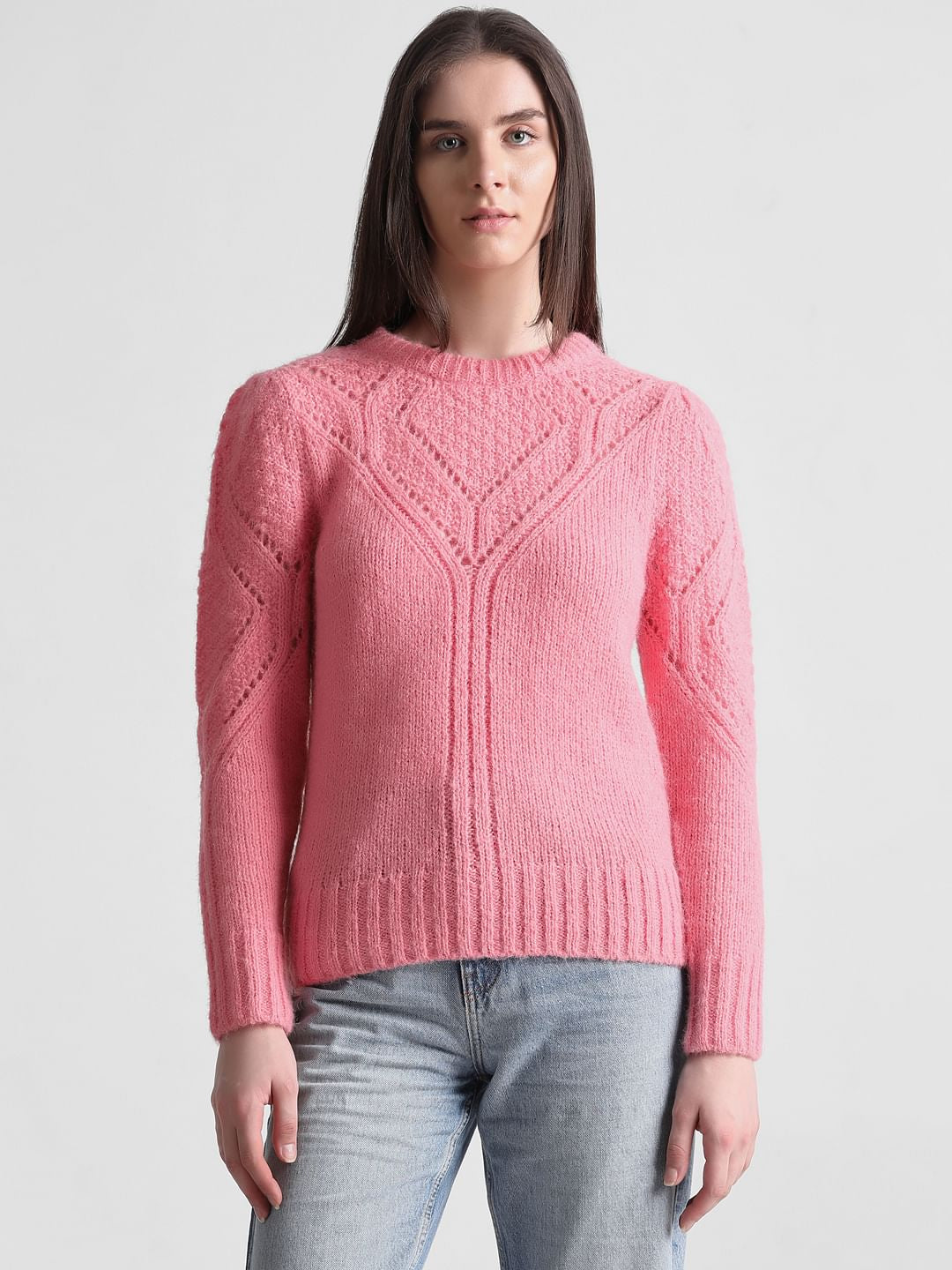 Pink Rib-Knit Pointelle Pullover