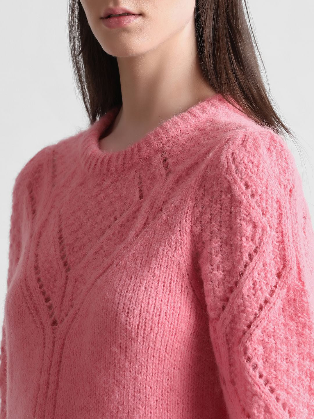 Pink Rib-Knit Pointelle Pullover
