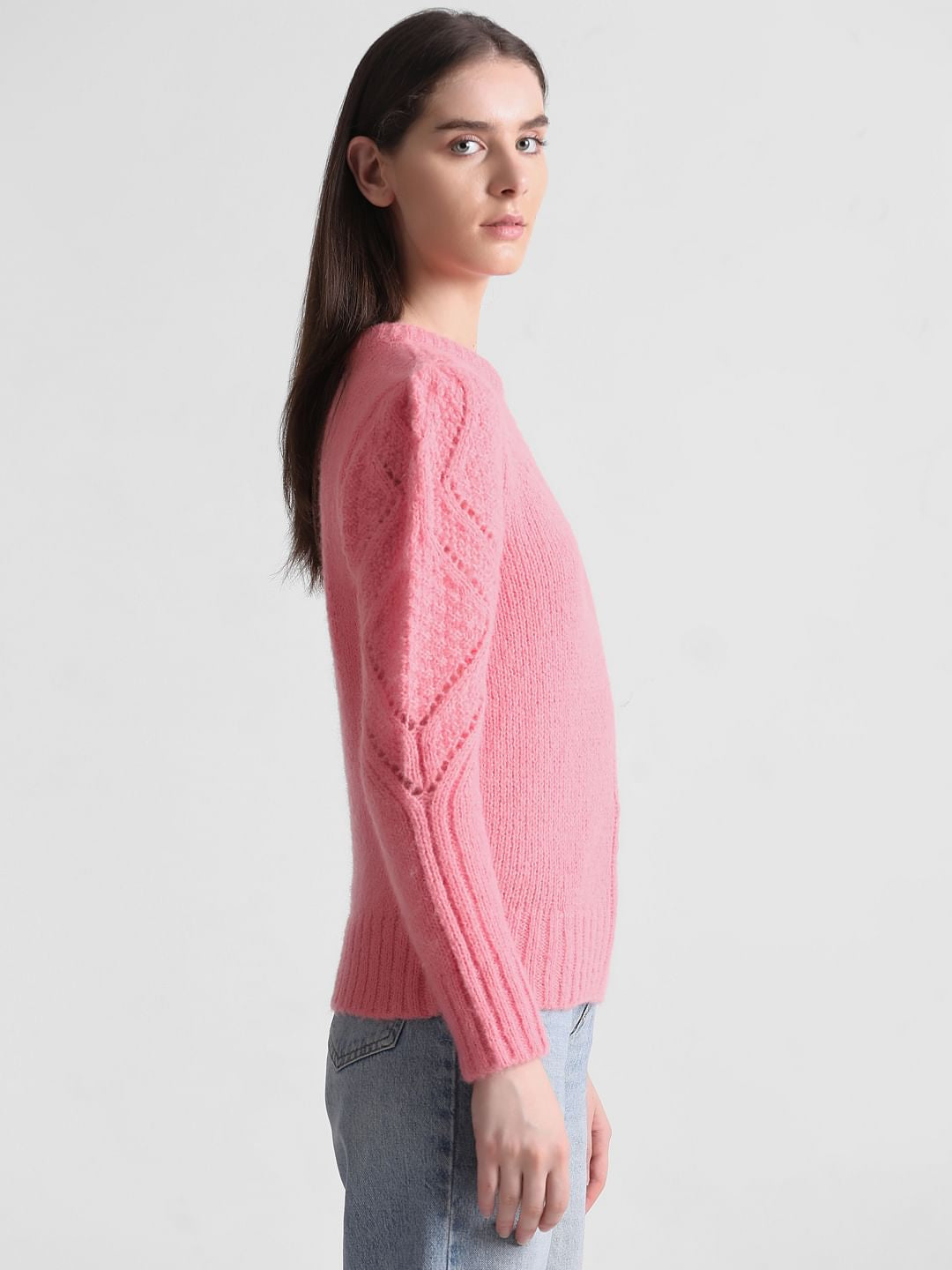 Pink Rib-Knit Pointelle Pullover
