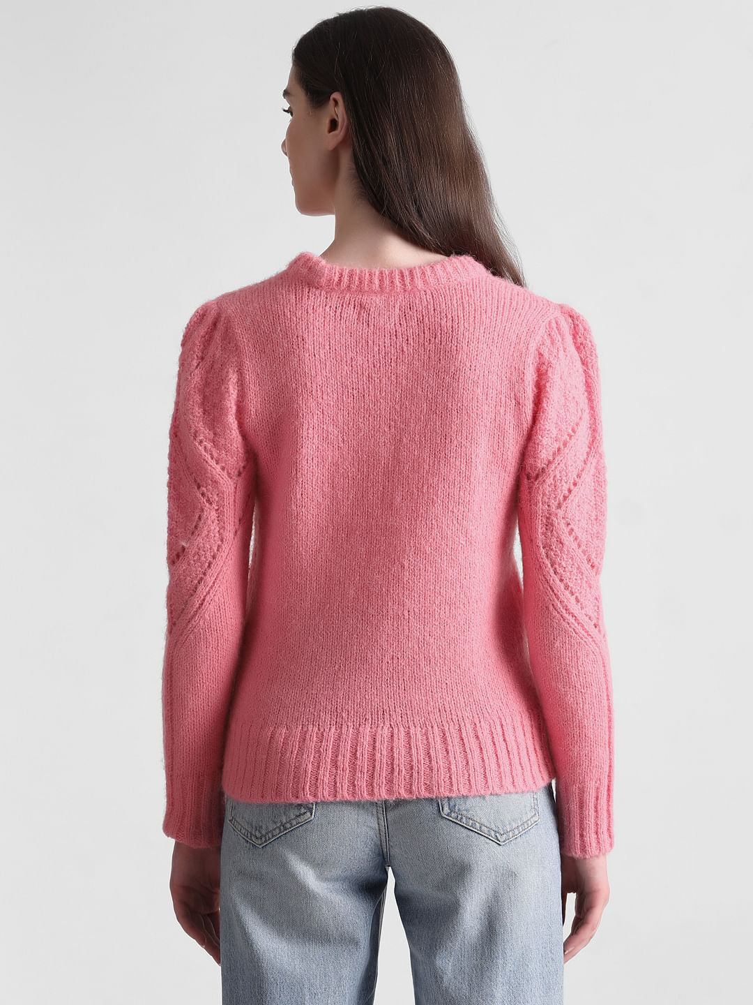 Pink Rib-Knit Pointelle Pullover