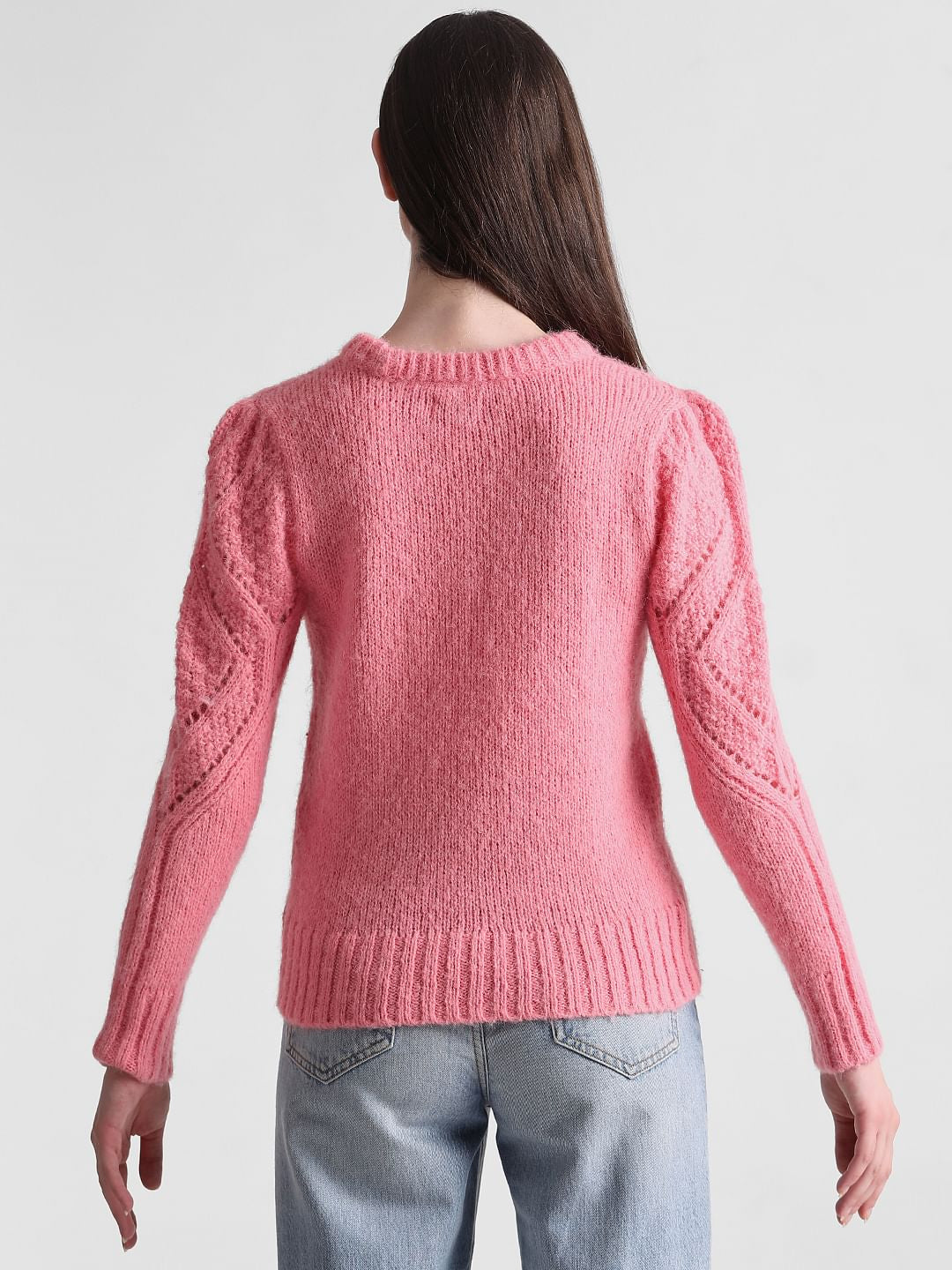 Pink Rib-Knit Pointelle Pullover