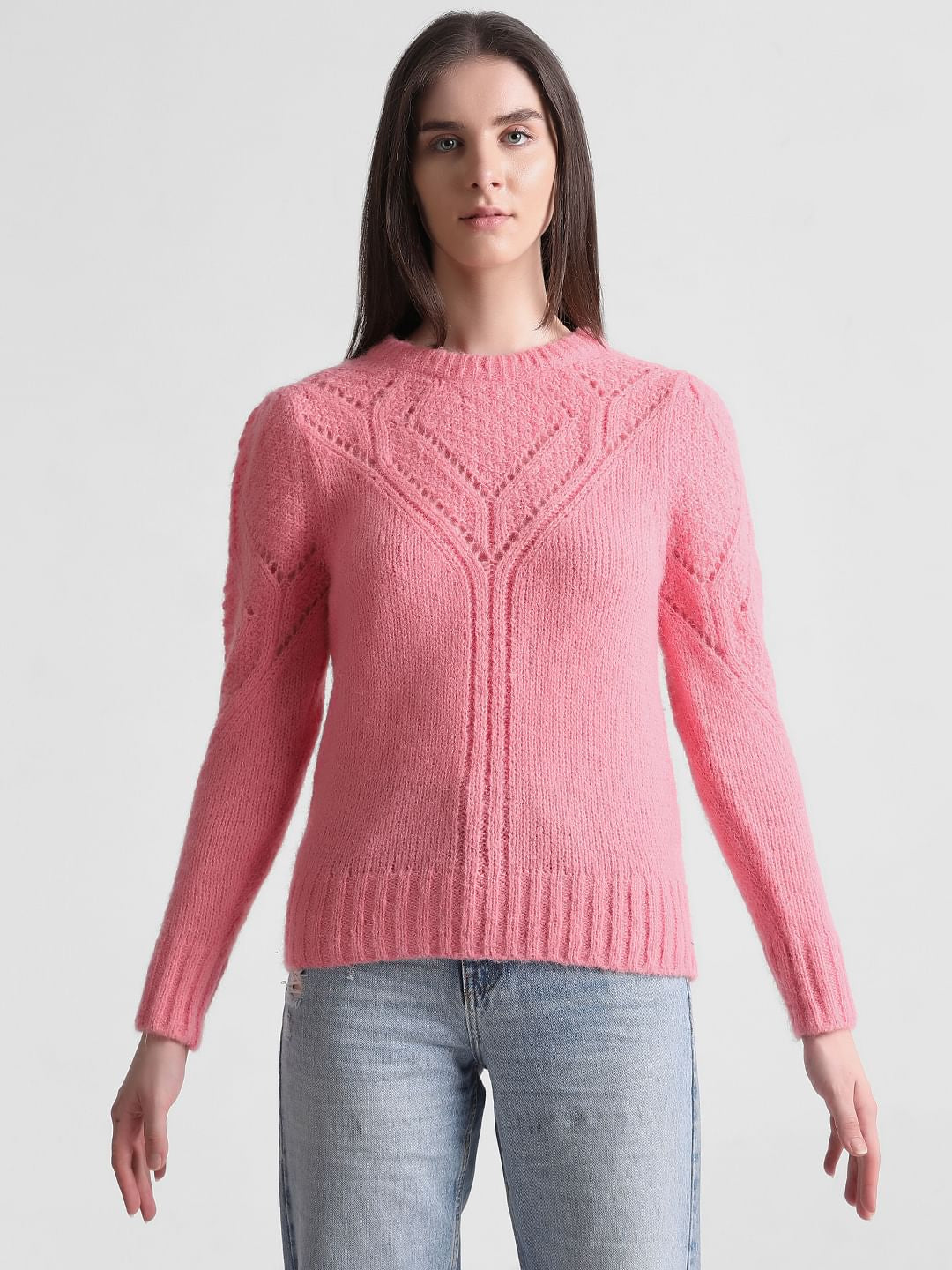 Pink Rib-Knit Pointelle Pullover