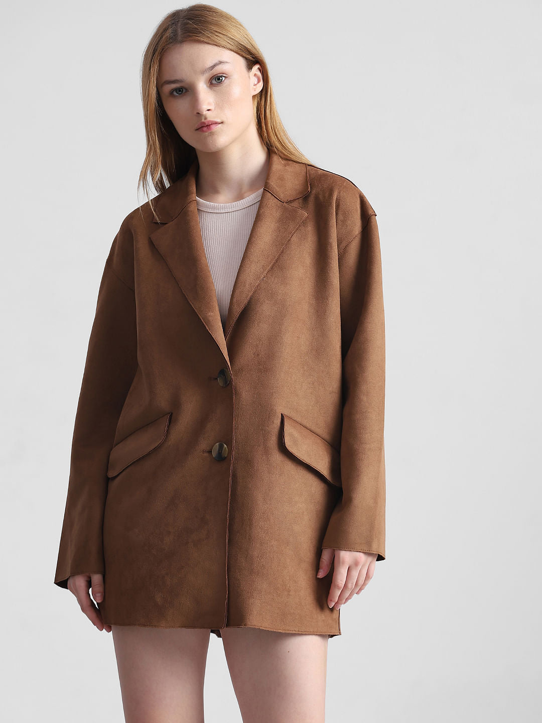 Brown Faux Suede Long Blazer