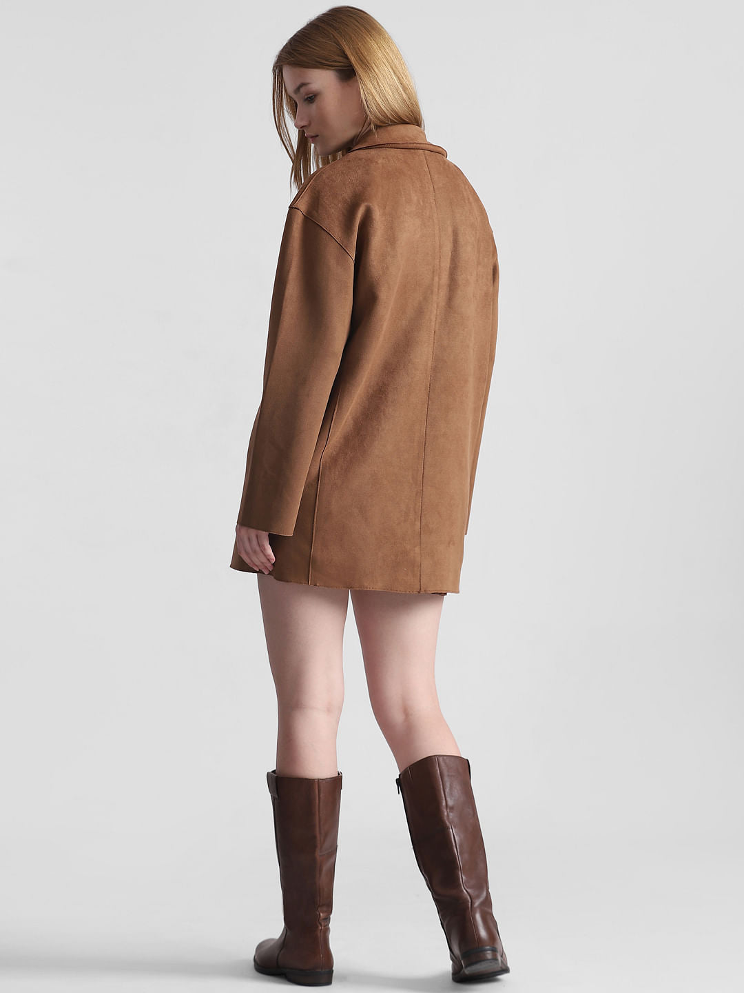 Brown Faux Suede Long Blazer